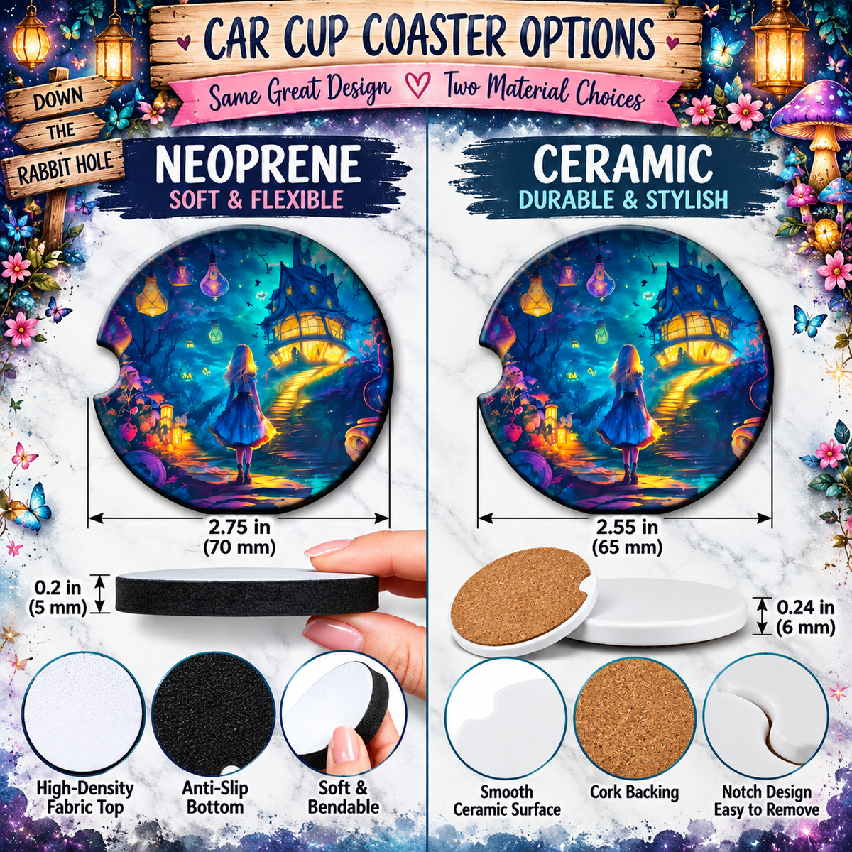Down the Rabbit Hole Neoprene and Ceramic car coaster size and material comparison