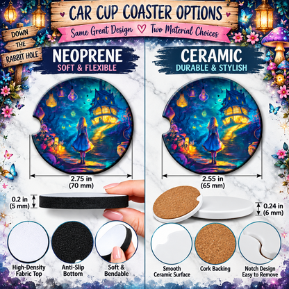 Down the Rabbit Hole Neoprene and Ceramic car coaster size and material comparison