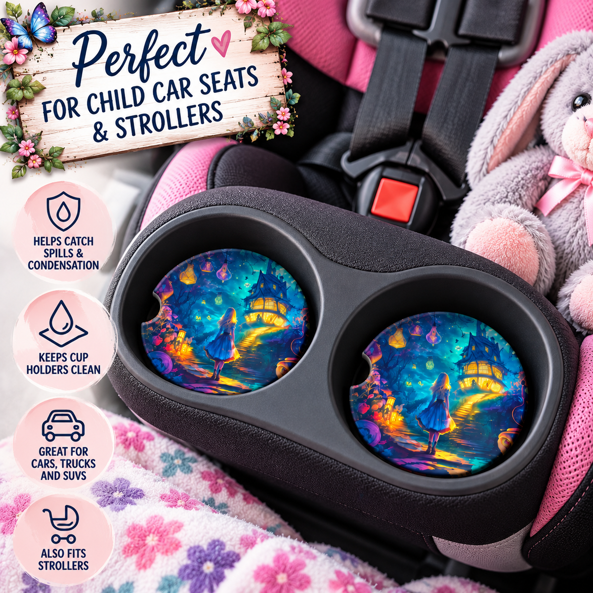 Down the Rabbit Hole fantasy coasters displayed in child car seat cup holders