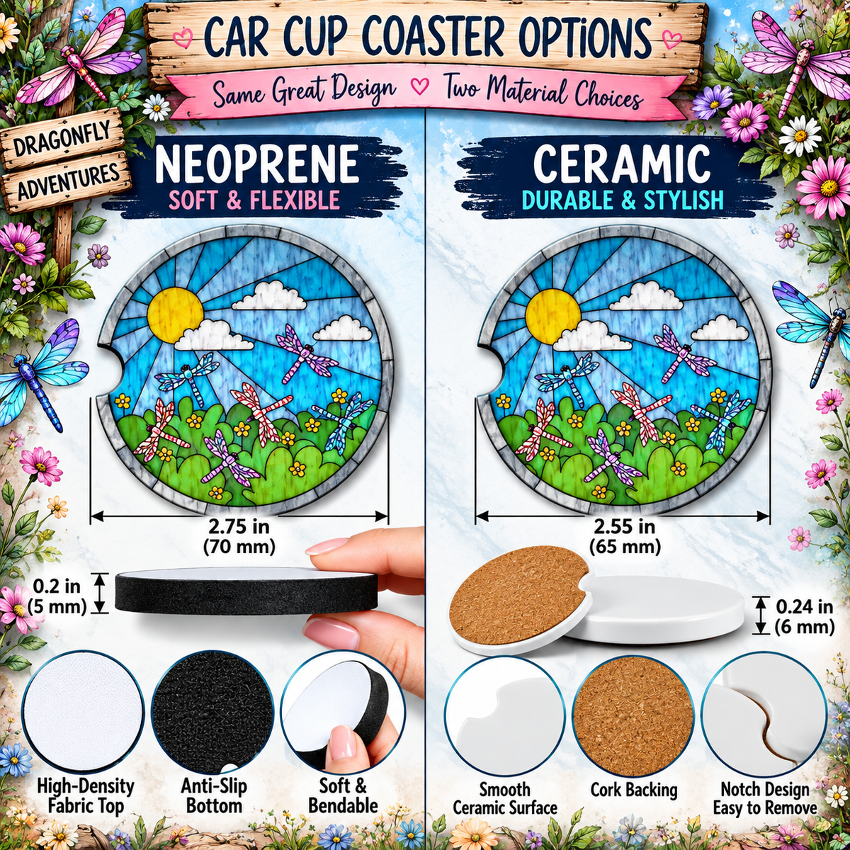 Dragonfly Adventures Neoprene and Ceramic car coaster size and material comparison