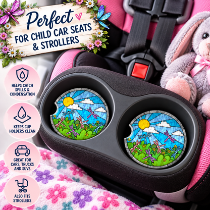 Dragonfly Adventures coasters displayed in child car seat cup holders