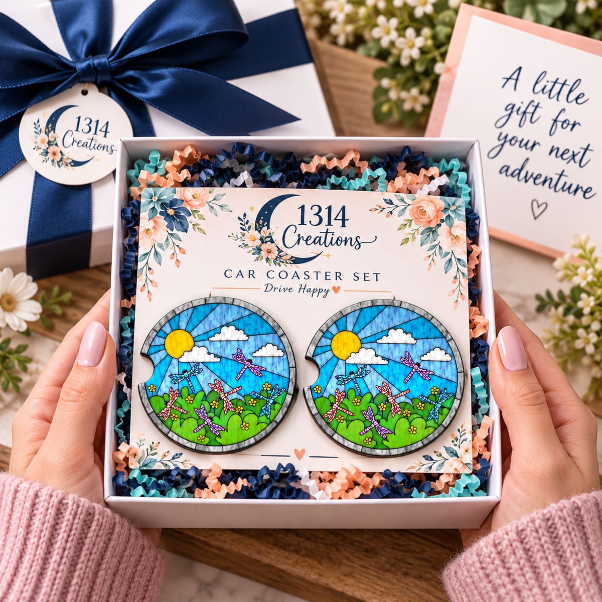 Dragonfly Adventures stained glass dragonfly car coaster set presented as a gift