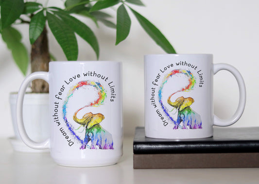 Dream Big, Love Boldly – Empowering Rainbow Elephant Mug  🎨 Motivation Coffee Cup 🌈 Cute Inspirational Gift