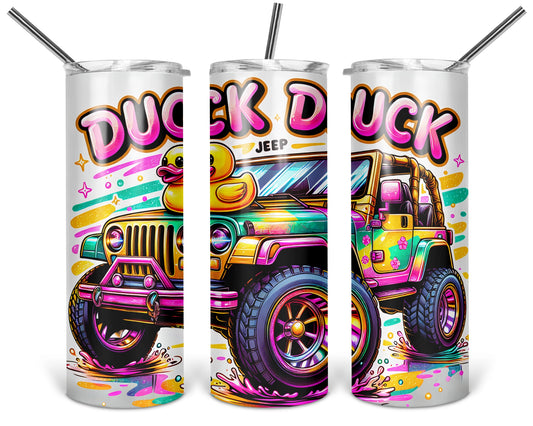 Three views of the 20 oz tumbler featuring Duck Duck Jeep colorful off-road vehicle with yellow rubber duck on a white background