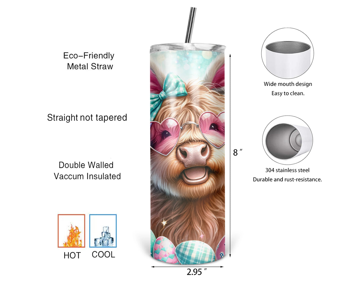 Easter Moo-lody Tumbler / 20oz Highland Cow Tumbler With Straw / Gift For Cow Lovers