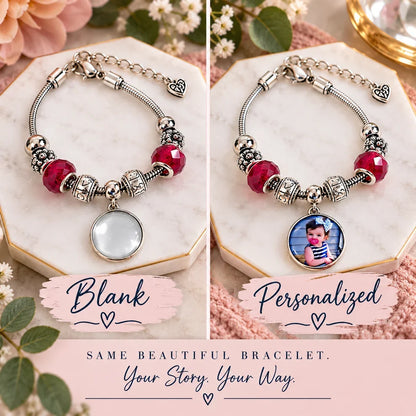 Photo personalization example showing a blank round bracelet charm beside the same charm customized with a child’s portrait.