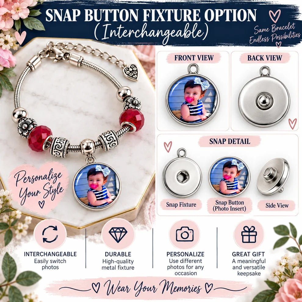 Interchangeable snap button photo charm diagram showing front and back views and how the photo button attaches to the bracelet fixture.