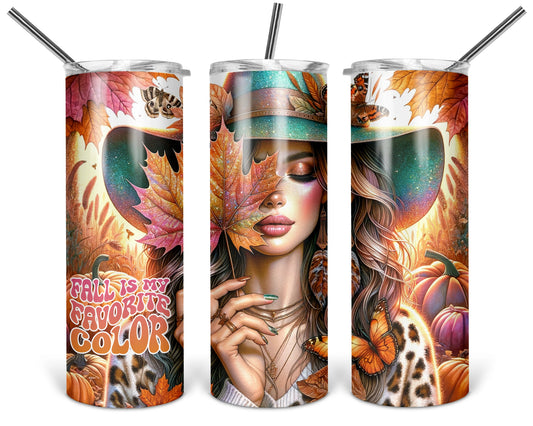 Three views of the 20 oz tumbler featuring Fall Is My Favorite Color woman in a teal hat with pumpkins and autumn leaves on white