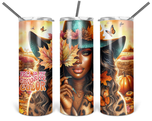 Three views of the 20 oz tumbler featuring Wild Heart Autumn Soul woman in a teal hat with pumpkins, butterflies, and autumn scenery on white