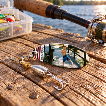 Galactic Dad personalized photo fishing lure showing a child’s photo and year 2023 on a wooden dock beside a fishing rod and tackle box.