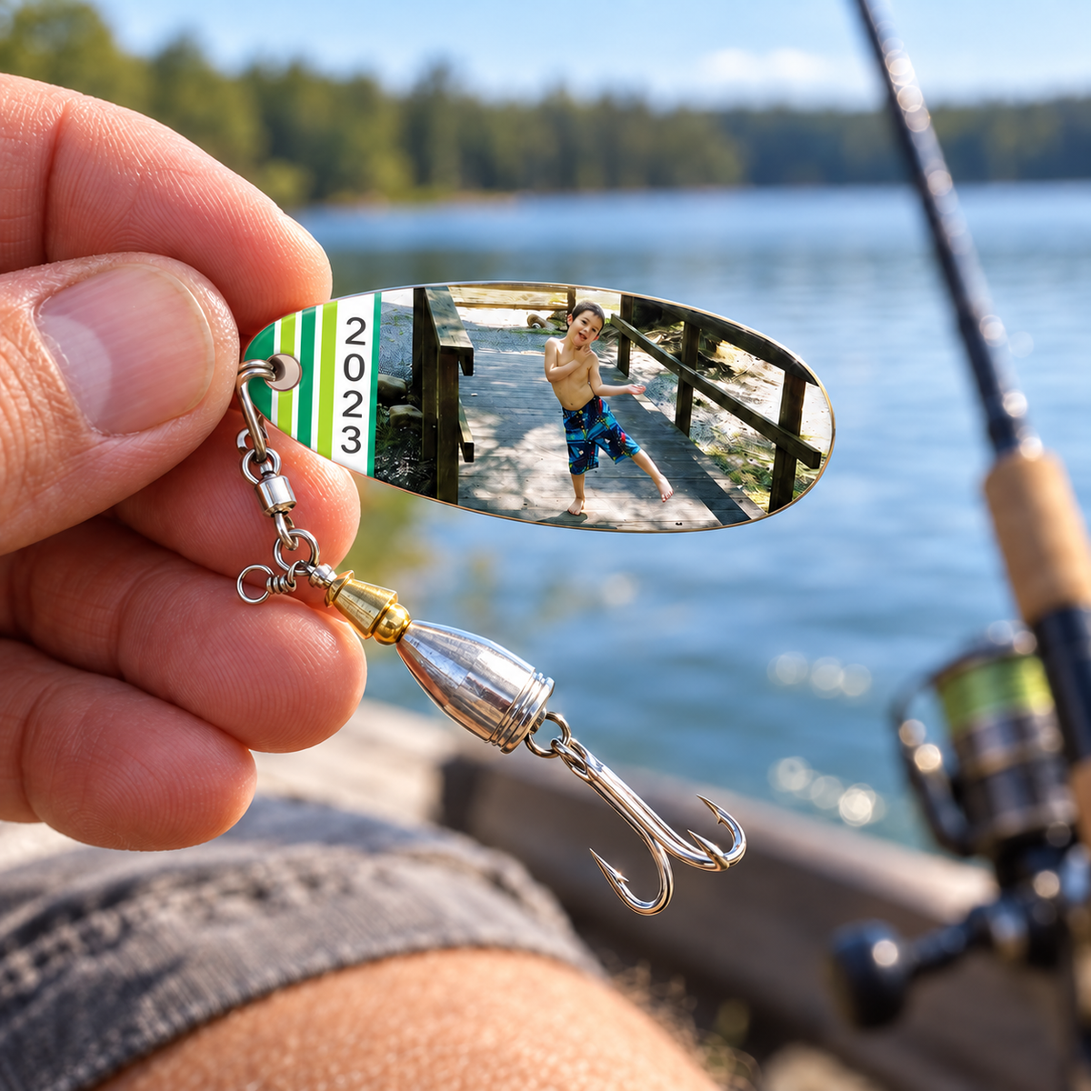 Hand holding a Fishing Frenzy personalized fishing lure with a child’s photo, green stripes, and the year 2023 beside a lake.
