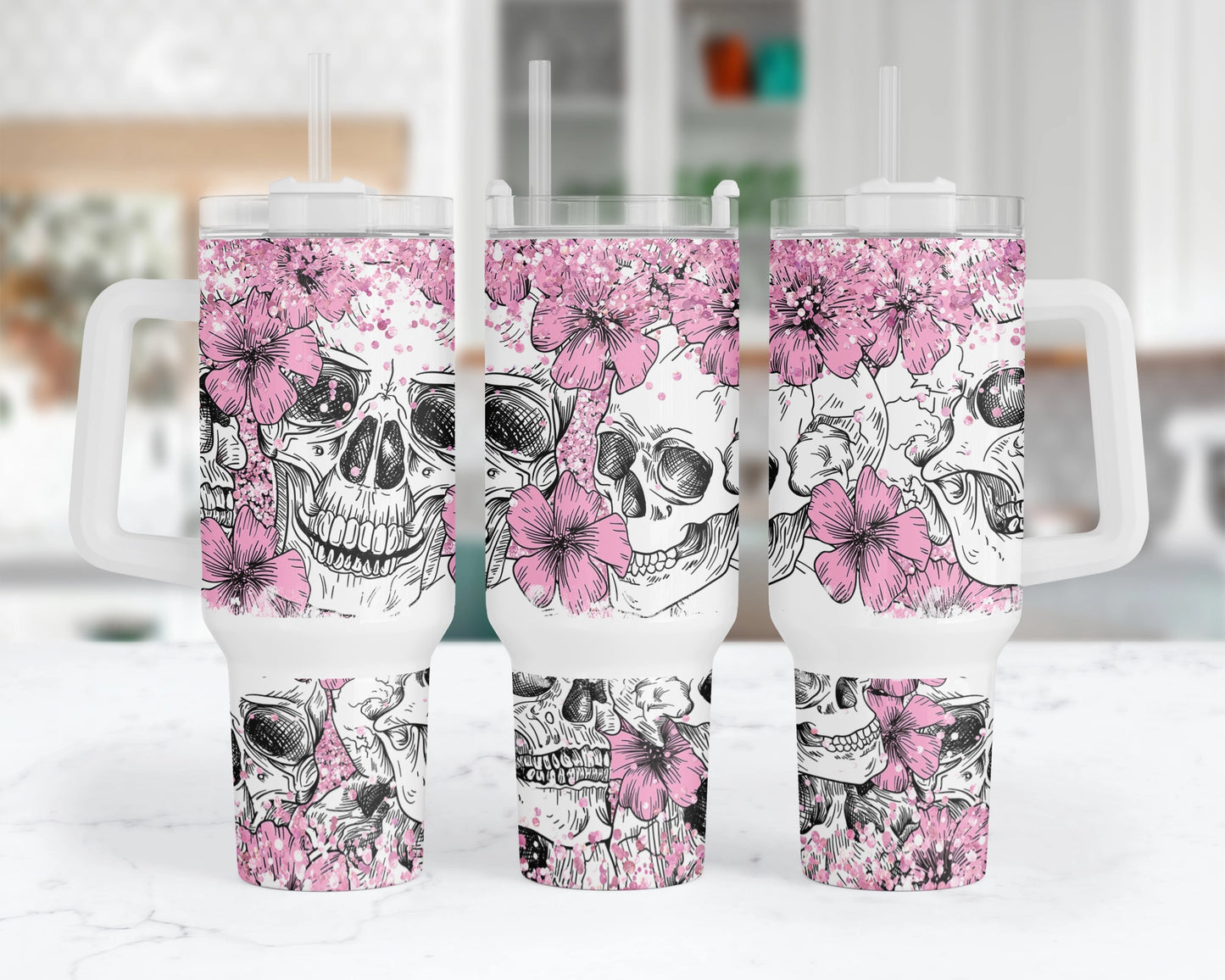 Flowering Phantoms Tumbler - 40oz Floral Skull Tumbler With Handle - Goth Girl Gift