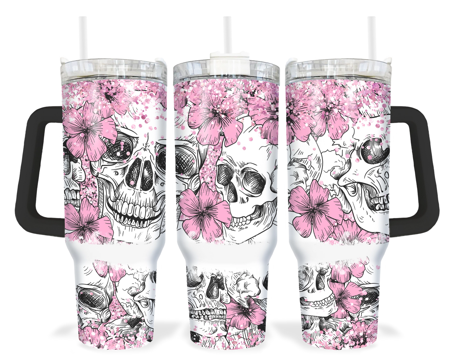 Flowering Phantoms Tumbler - 40oz Floral Skull Tumbler With Handle - Goth Girl Gift