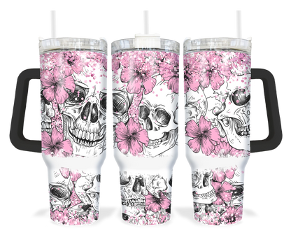 Flowering Phantoms Tumbler - 40oz Floral Skull Tumbler With Handle - Goth Girl Gift