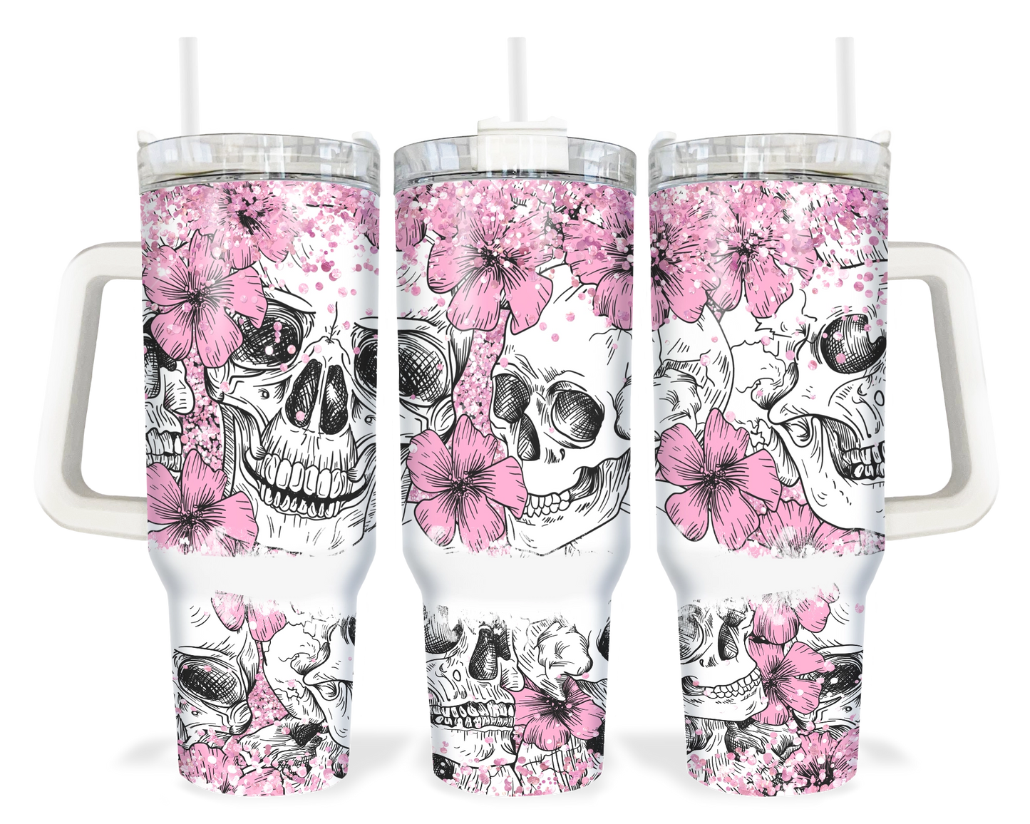 Flowering Phantoms Tumbler - 40oz Floral Skull Tumbler With Handle - Goth Girl Gift