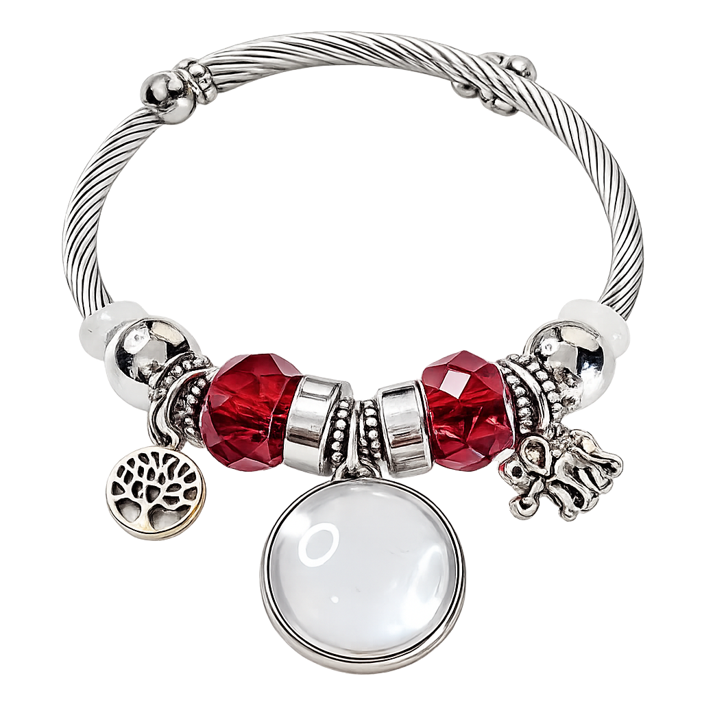 Full view of Forever in My Heart bracelet before personalization, showing its silver-tone cable band, blank photo charm, and red decorative beads.