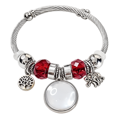 Full view of Forever in My Heart bracelet before personalization, showing its silver-tone cable band, blank photo charm, and red decorative beads.