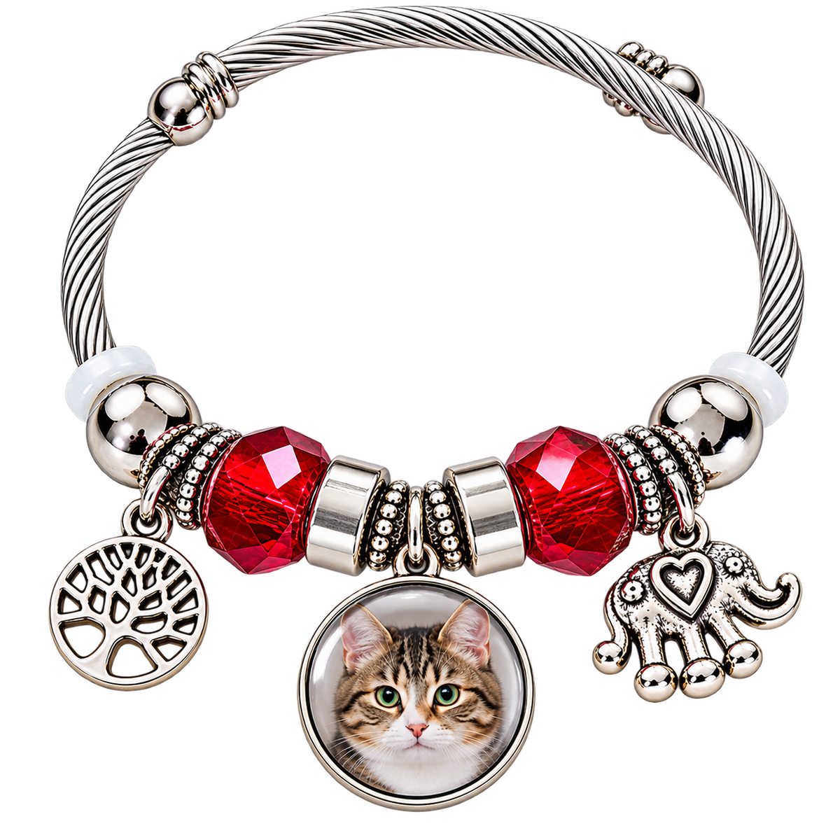 Forever in My Heart personalized pet photo bracelet with a round cat portrait, red faceted beads, and silver-tone tree of life and elephant charms.