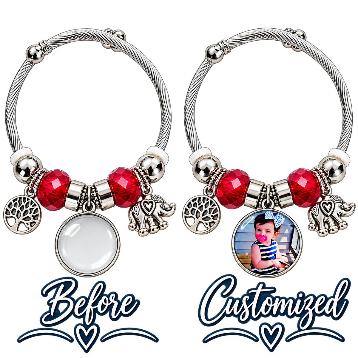 Before-and-after comparison of Forever in My Heart bracelet showing a blank round charm and the charm personalized with a child’s photo.