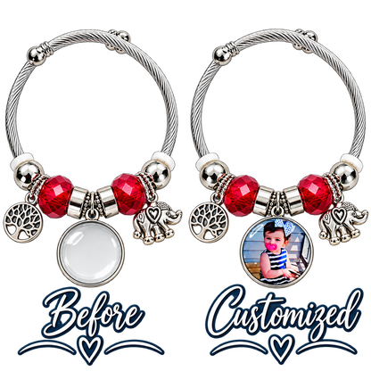 Before-and-after comparison of Forever in My Heart bracelet showing a blank round charm and the charm personalized with a child’s photo.