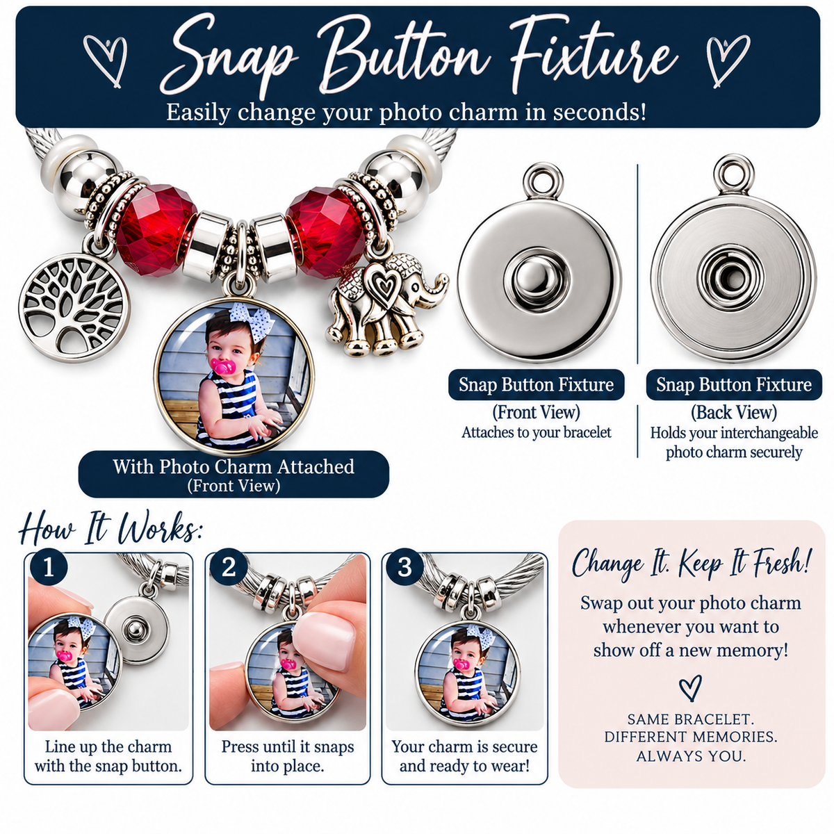 Snap button fixture diagram showing how to align and press an interchangeable photo charm onto the Forever in My Heart bracelet.