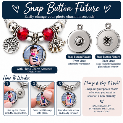Snap button fixture diagram showing how to align and press an interchangeable photo charm onto the Forever in My Heart bracelet.