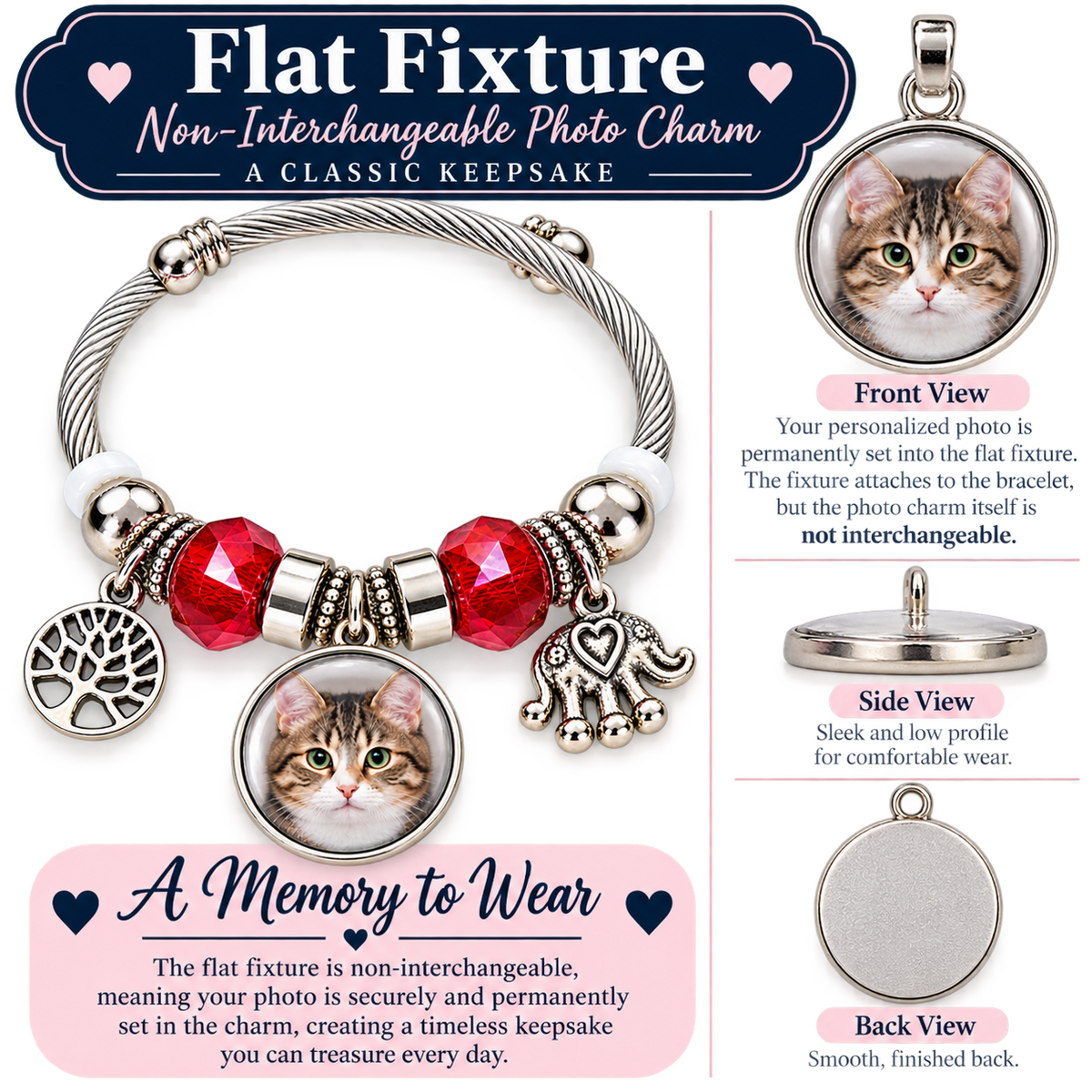 Flat fixture diagram showing a permanently attached cat photo charm on Forever in My Heart bracelet, with front, side, and back views.
