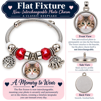 Flat fixture diagram showing a permanently attached cat photo charm on Forever in My Heart bracelet, with front, side, and back views.
