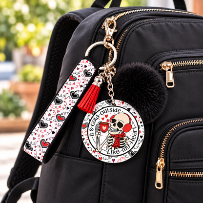 Frosted Soul wristlet keychain hanging from a backpack