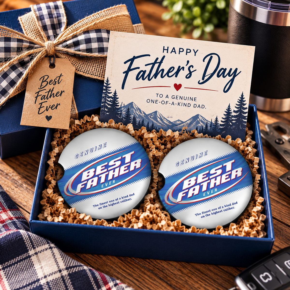Blue-and-gold Best Father Ever car coaster pair in a Father's Day gift box.