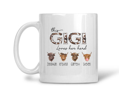 Gigi Loves Her Herd Mug – A Personalized Tribute to Grandma’s Little Loves!, Personalized Cow Themed Coffee Mug, Mother's Day Gift For Grandmother