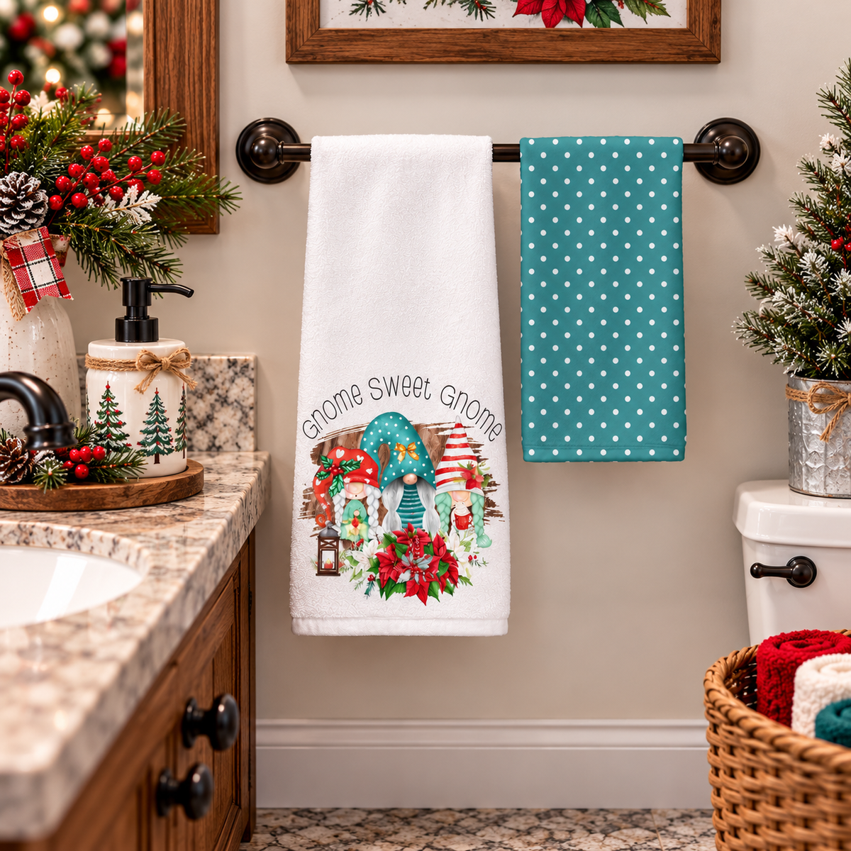 Christmas gnome and teal polka-dot towels beside a kitchen sink