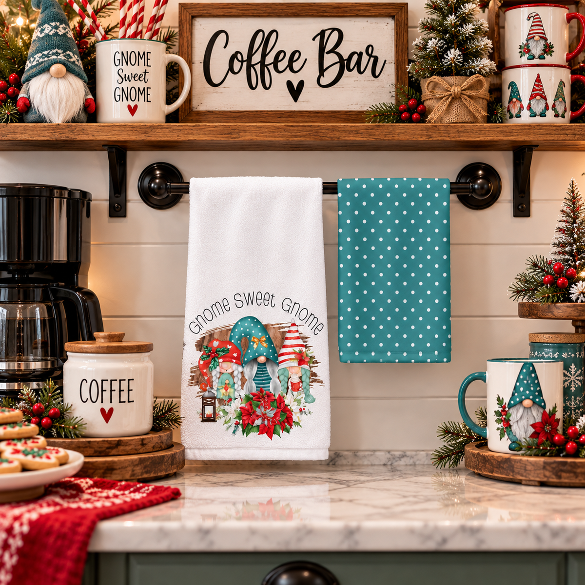 Gnome Sweet Gnome towel set displayed at a holiday coffee bar