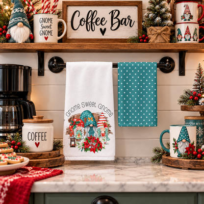 Gnome Sweet Gnome towel set displayed at a holiday coffee bar