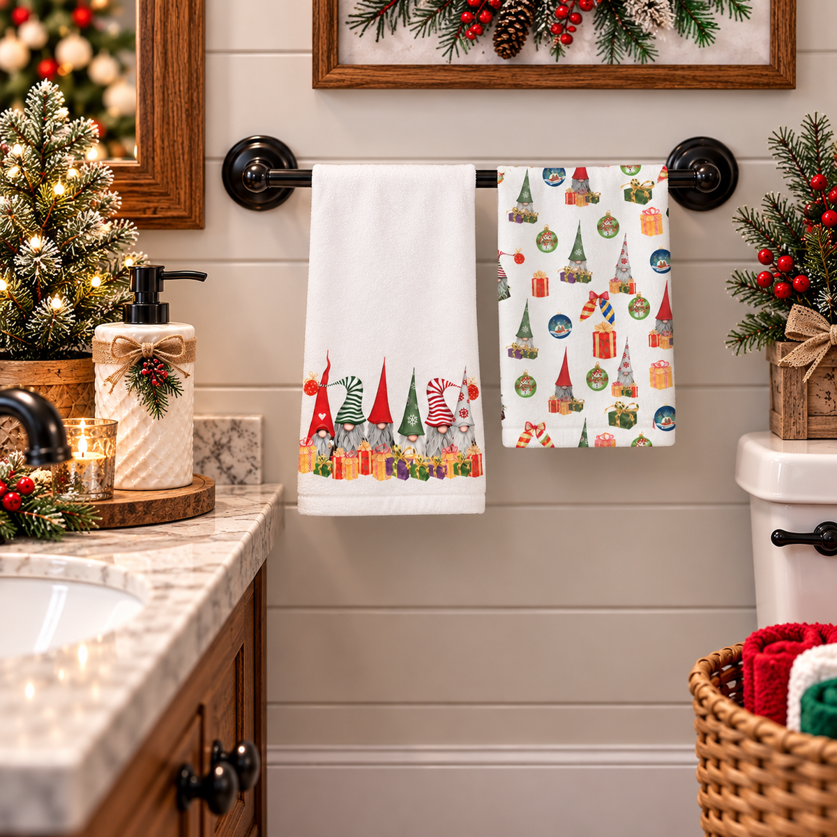 Gnomes Gifts & Merry Moments two-piece hand towel set featuring colorful Christmas gnome lineup, presents and coordinating holiday pattern, displayed in Christmas-decorated kitchen