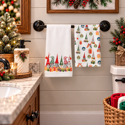 Gnomes Gifts & Merry Moments two-piece hand towel set featuring colorful Christmas gnome lineup, presents and coordinating holiday pattern, displayed in Christmas-decorated kitchen