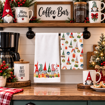 Gnomes Gifts & Merry Moments two-piece hand towel set featuring colorful Christmas gnome lineup, presents and coordinating holiday pattern, hanging at Christmas coffee bar