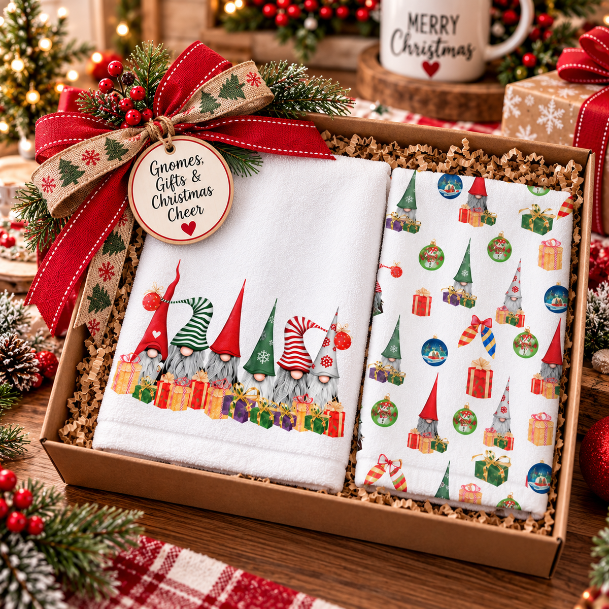 Gnomes Gifts & Merry Moments two-piece hand towel set featuring colorful Christmas gnome lineup, presents and coordinating holiday pattern, arranged in festive open gift box