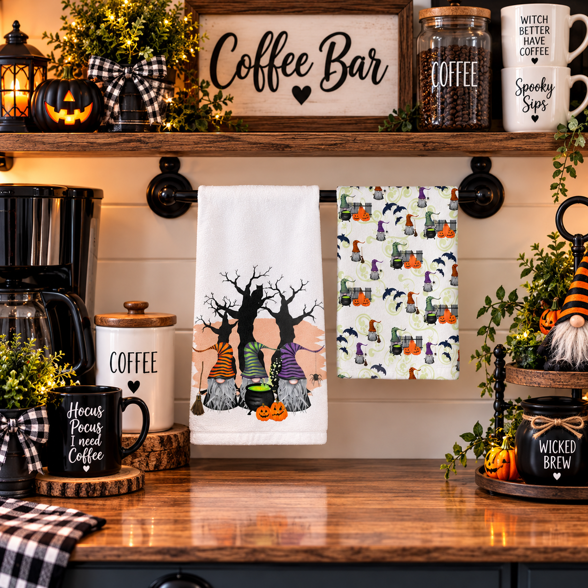 Witchy gnome towel set displayed at a Halloween coffee bar