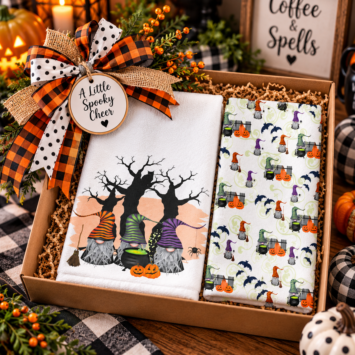 Halloween gnome towels arranged in an autumn gift basket