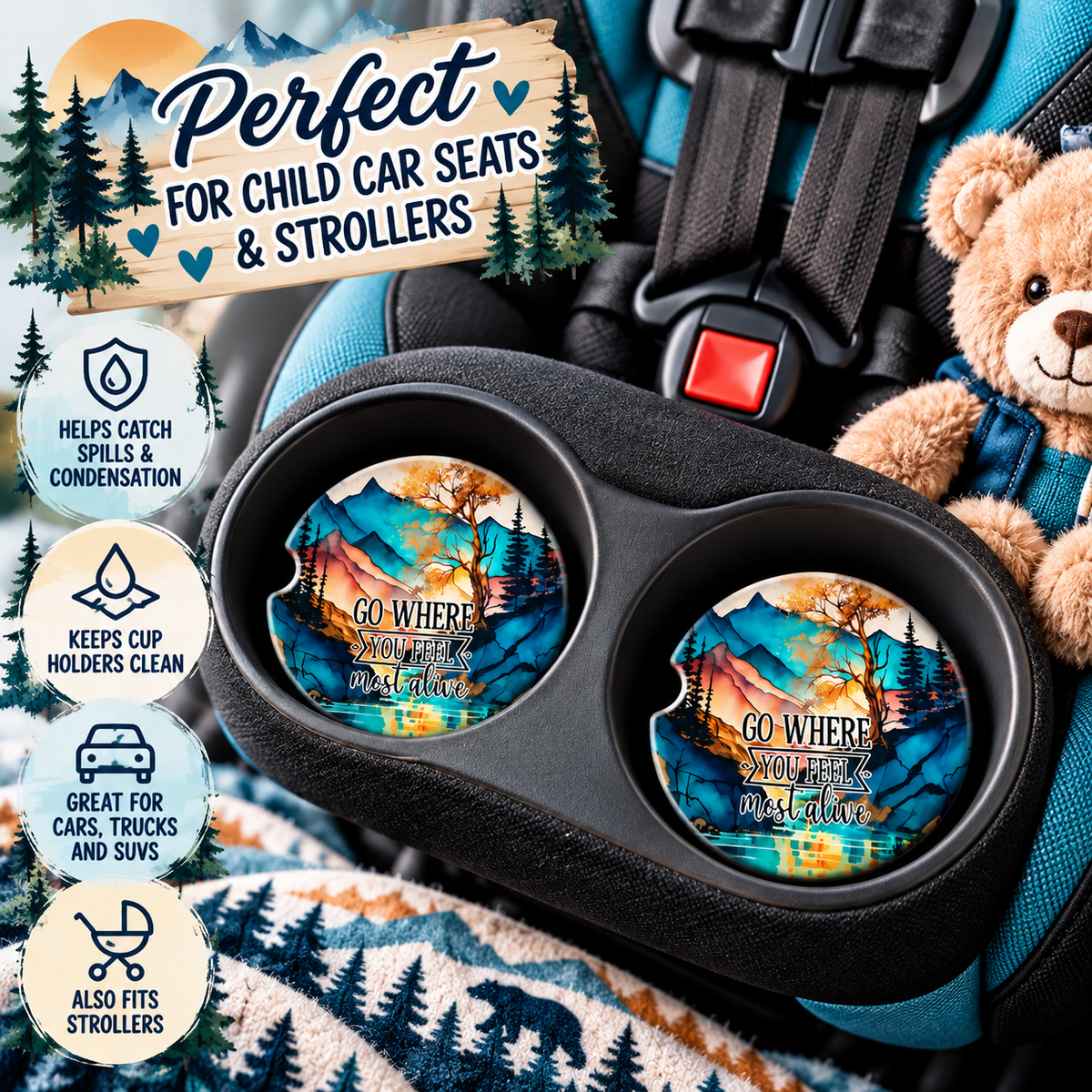 Mountain adventure coasters displayed in child car seat cup holders