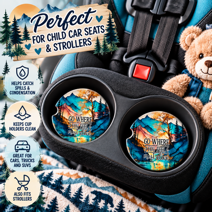 Mountain adventure coasters displayed in child car seat cup holders