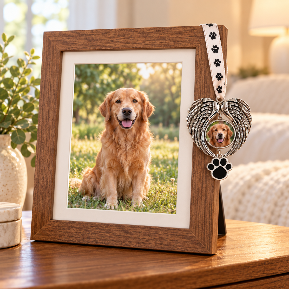 Angel wing pet memorial ornament with a golden retriever photo hanging over the corner of a wooden frame displaying the same dog.