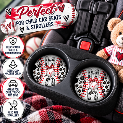 Grand Slam Momma baseball coasters displayed in child car seat cup holders