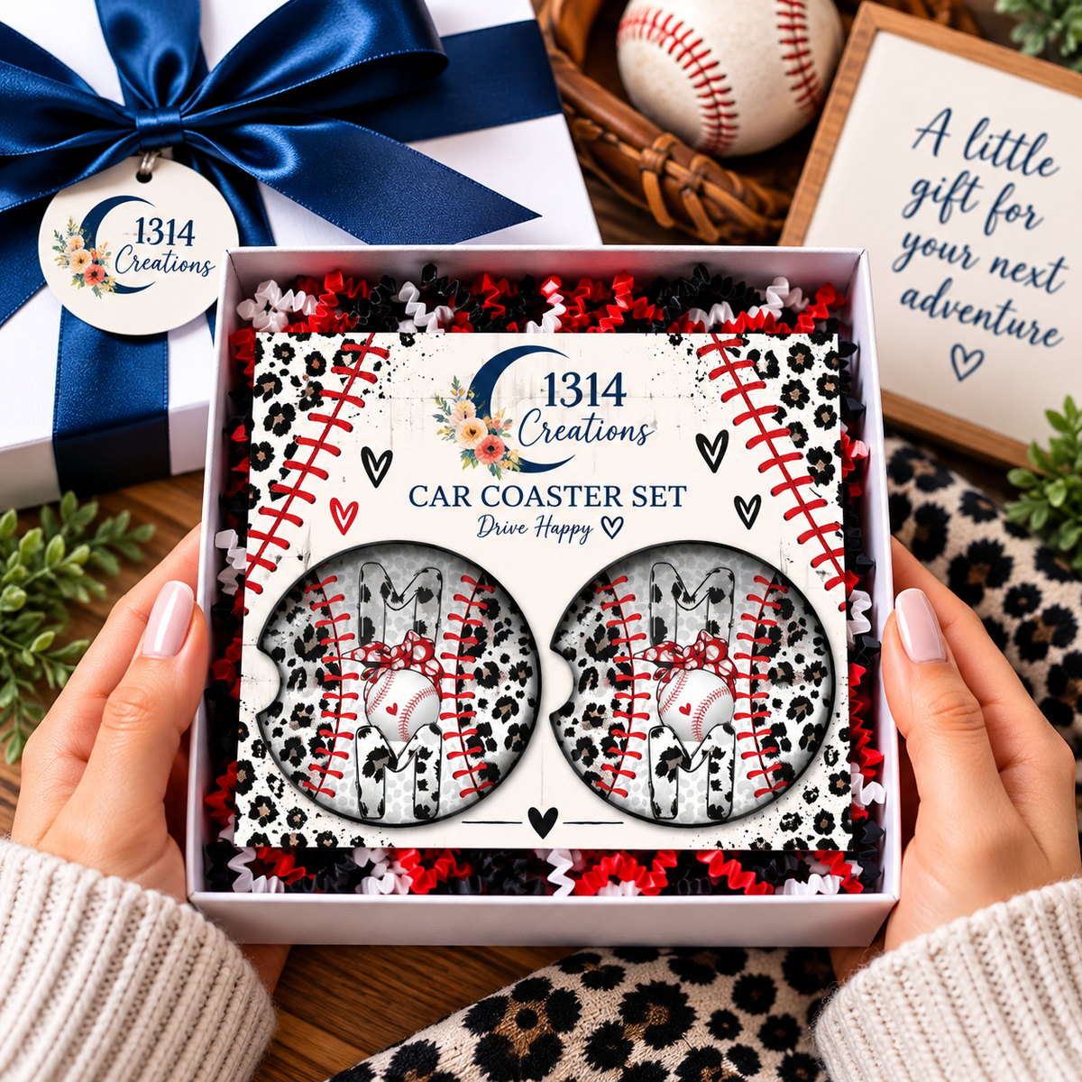 Grand Slam Momma baseball mom car coaster set presented as a gift