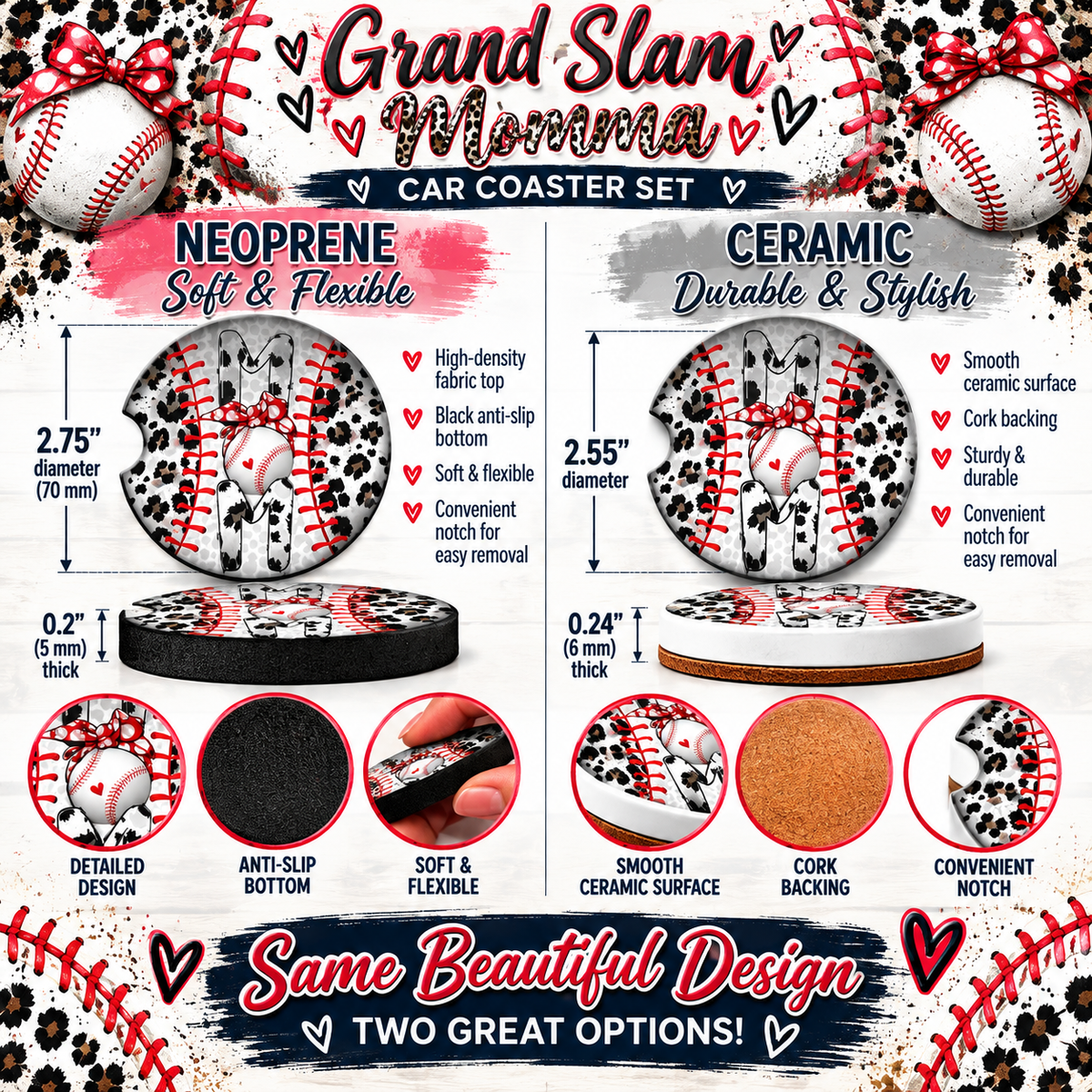 Grand Slam Momma Neoprene and Ceramic baseball car coaster size comparison