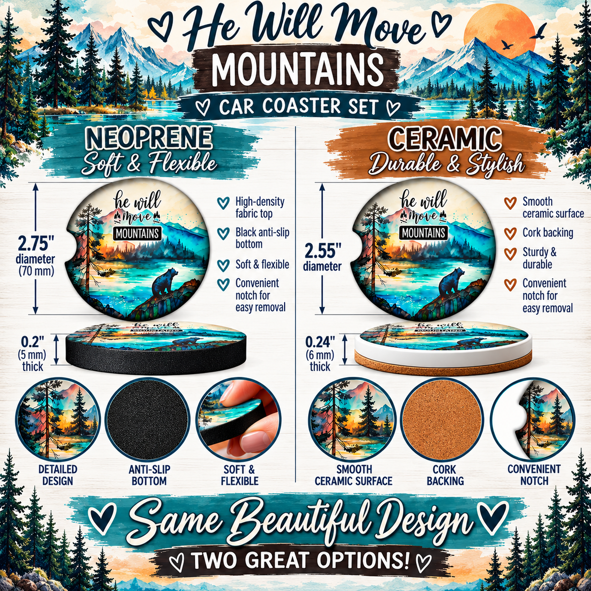 He Will Move Mountains Neoprene and Ceramic inspirational car coaster size comparison