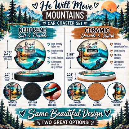 He Will Move Mountains Neoprene and Ceramic inspirational car coaster size comparison