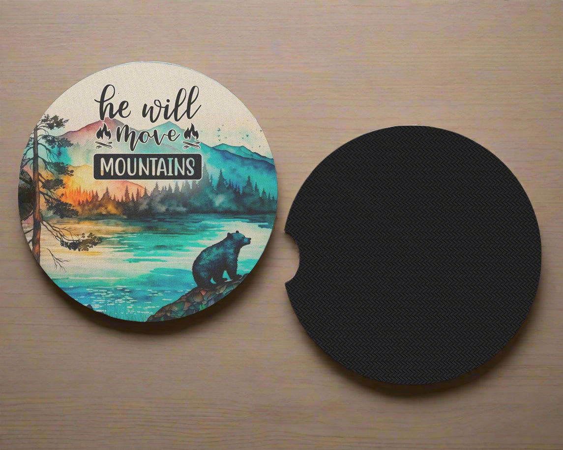 He Will Move Mountains Car Cup Holder Coasters - Set of 2 Inspirational Coasters - Car Accessories