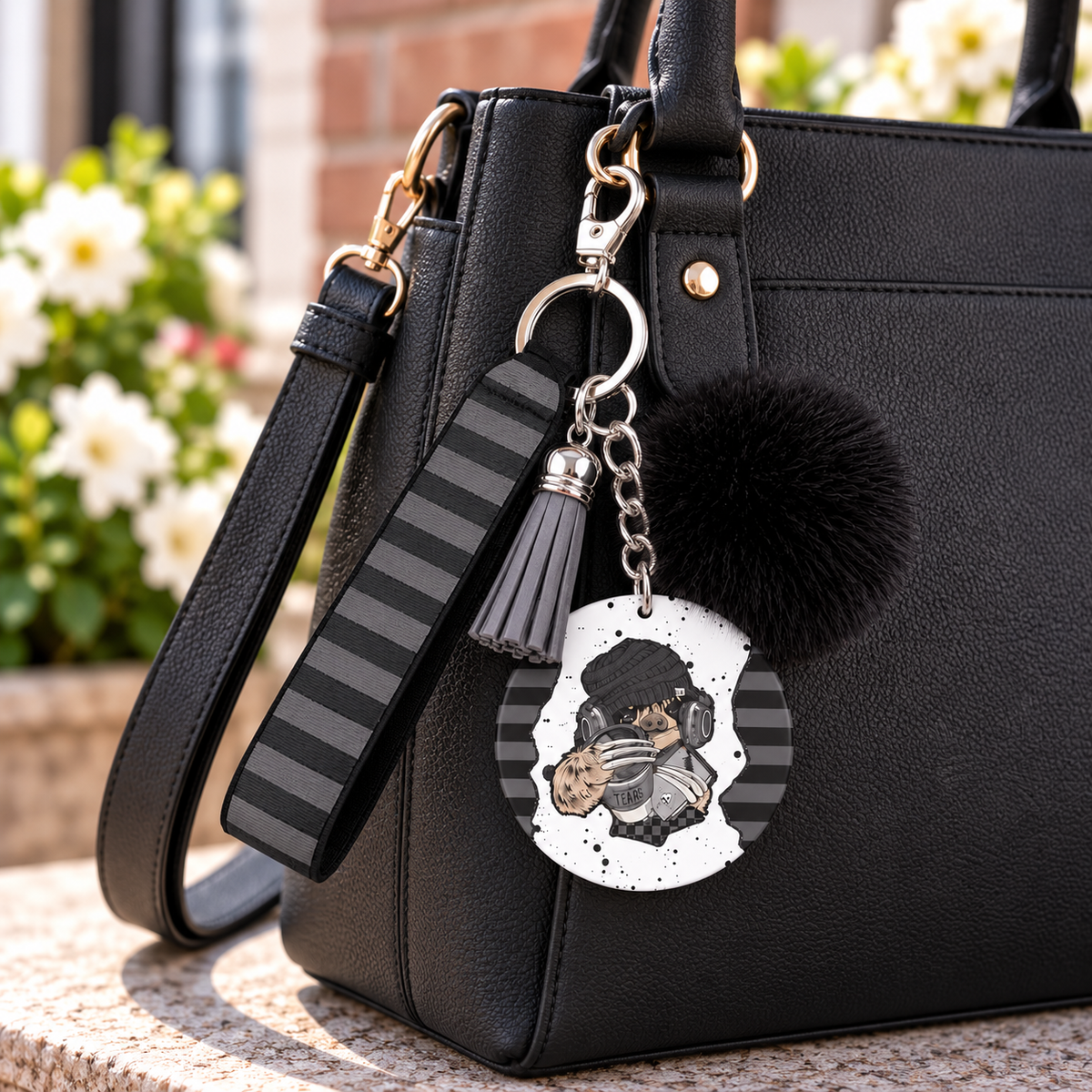 Headphones On World Off striped wristlet keychain hanging from a black purse